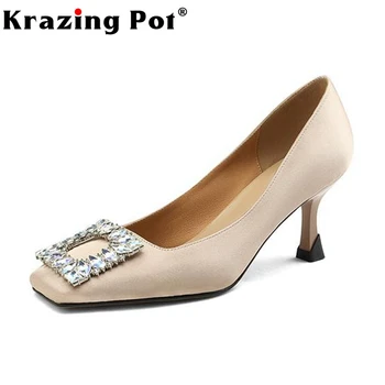  Krazing Pot/Пролетно Обувки От Естествена Коприна с Квадратни пръсти Голям Размер На Тънък Висок Ток с Декорация във формата на кристали, Модни дамски Обувки-лодка, Без Съединителни Ins