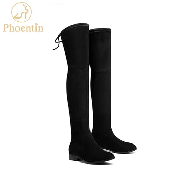  Phoentin/ еластични ботуши над коляното, женски, ново прием на 2017 г., нисък плосък ток 3 см, еластична тъкан дантела, тънки секси дамски ботуши FT133
