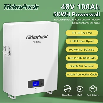  Батерия TIKKOPACK 48V 100Ah Powerwall 5KW LiFePO4 с 16S 100A BMS RS485 6000 + цикли 5KWh за слънчева батерия в решетката 10-годишна гаранция