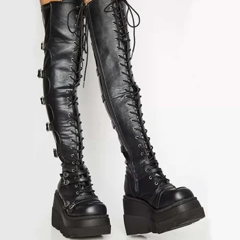  Дамски дълги ботуши над коляното, дамски Черни престрелки ботуши в стил пънк, дамски Модни ботуши на танкетке с кръгло бомбе, зимни обувки на платформа