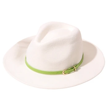  Нова стилна бяла вълнена шапка с плоска периферия, дамски фетровая шапка с широка периферия, есенно-зимна фетровая шапка с вдлъбнати отгоре, зелен пояс, Панама, фетровая шапка